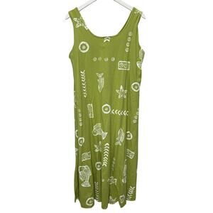 VTG Kisses & Hugs Sleeveless Midi Dress Size XL Lime Green Fish Stars Painted